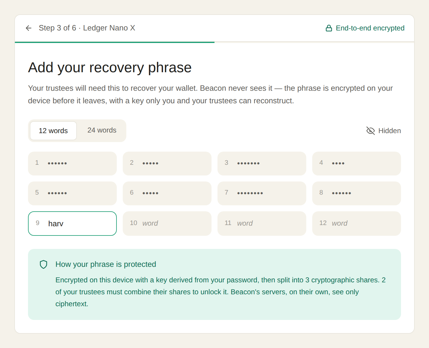 Beacon's encrypted recovery phrase entry, end-to-end encrypted on device